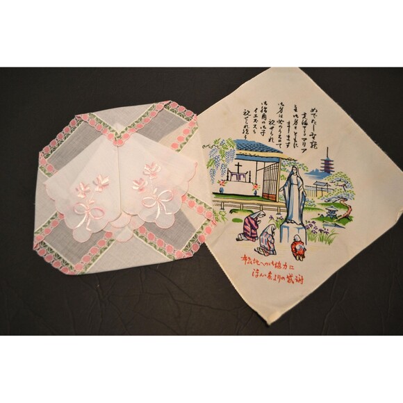 Antique Hankies Two White with Lace One Japanese with Catholic Virgin Mary - Picture 1 of 5